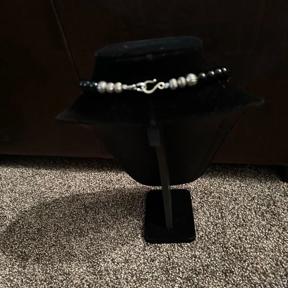 Hand Crafted Black Onyx,Turquoise & Sterling Silver Beaded Necklace - Picture 3 of 4